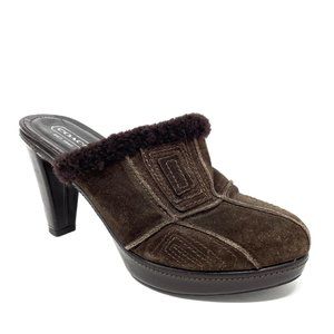 Coach Aubrey Mule Brown Suede Patchwork Leather Fur Trim Slip-on Size 8.5